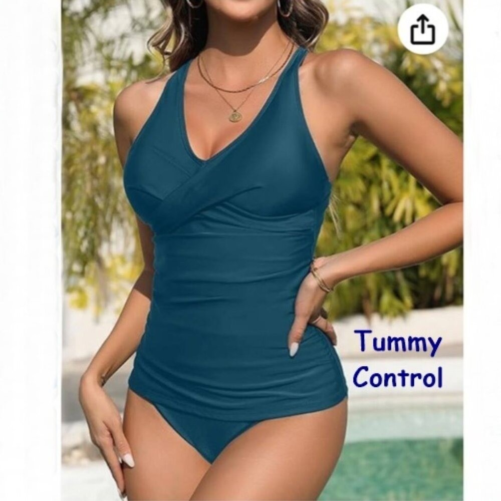 NWT Yonique Tankini Twist V Neck Top w/Tummy Control & High Cut Bottoms Small